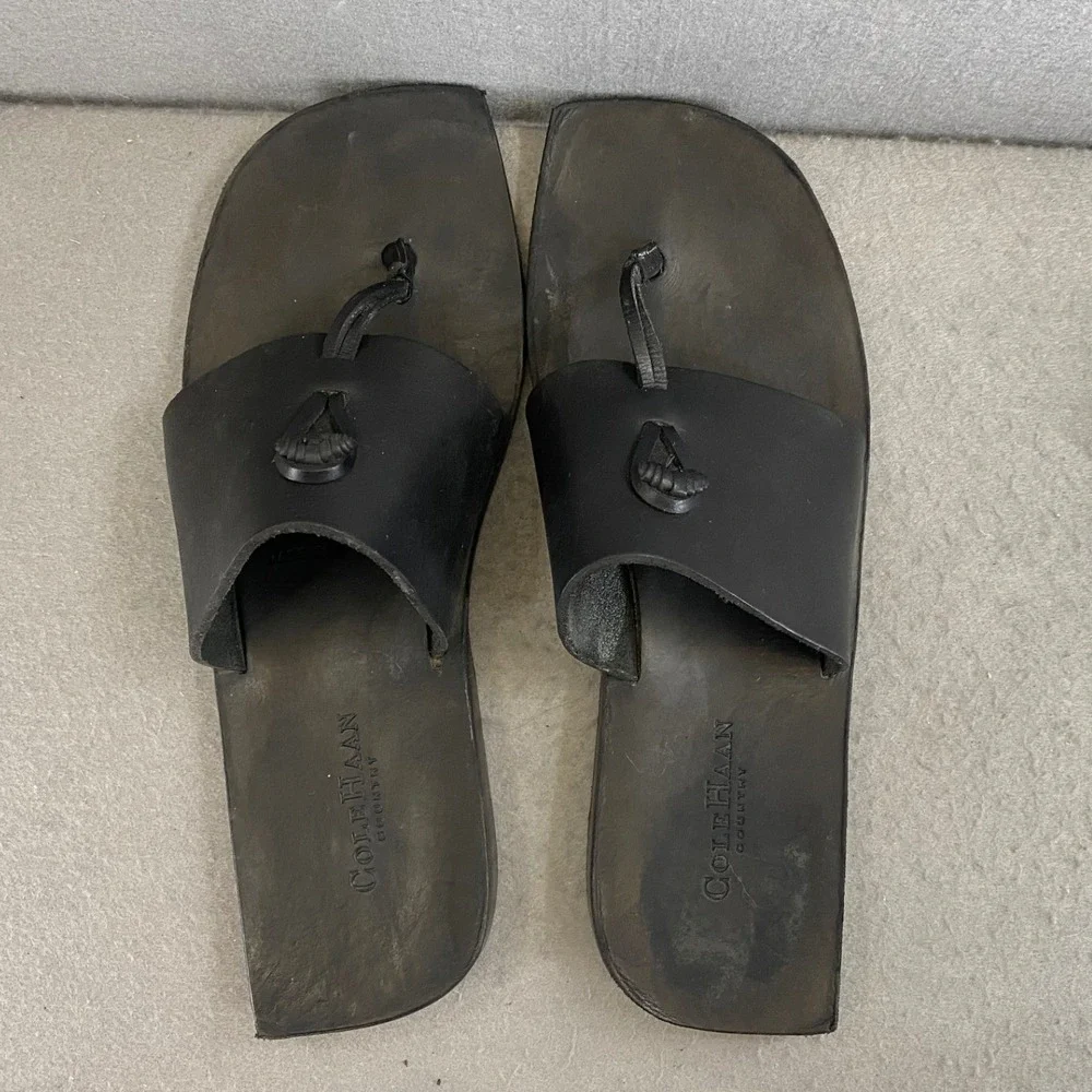 Cole Haan Country Women's 10B Black Leather Thong Sandals Knotted Slide Brazil